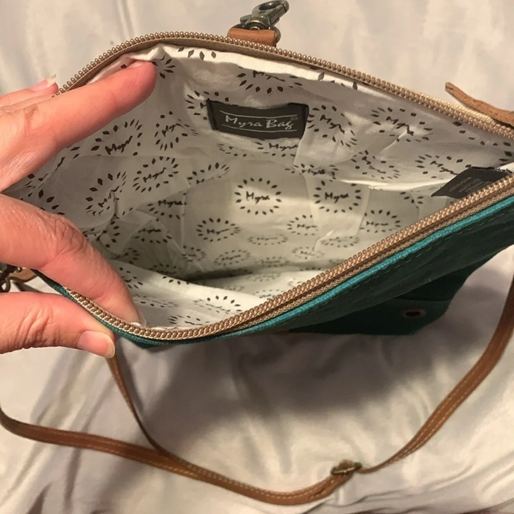 MYRA BAGS Burlander Patch Teal Small Crossbody Bag canvas leather stitch anchor